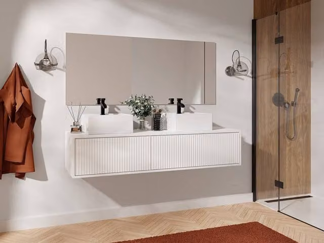 Vente-unique Ribbed Suspended Bathroom Cabinet with Double Basin, White, W: 150 cm, D: 47 cm, H: 32 cm