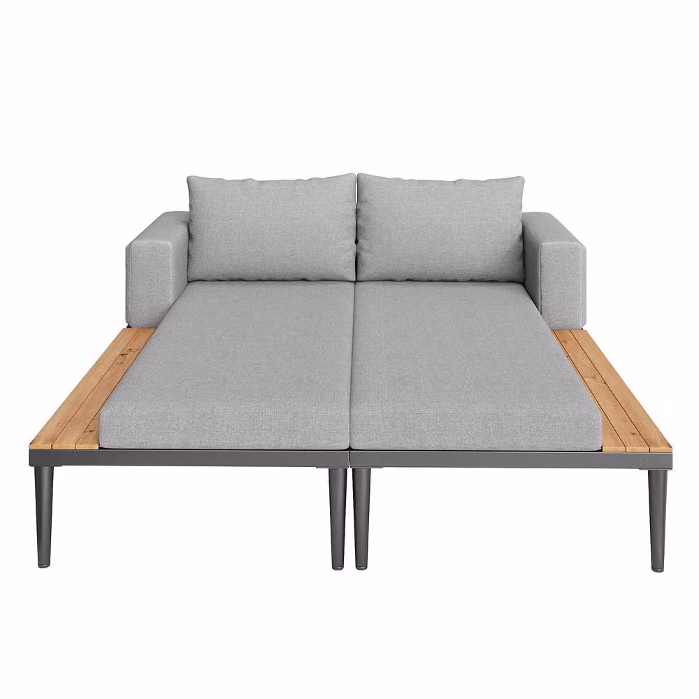 Matteo Modular Outdoor Double Chaise Lounge with Grey Weatherproof Cushions and Side Tray – 2
