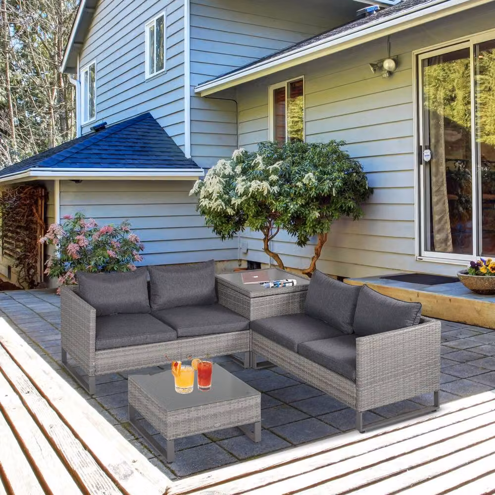 ERGOVEXA 4 Piece Grey Rattan Garden Furniture Set with L-Shape Sofa and Coffee Table – 3