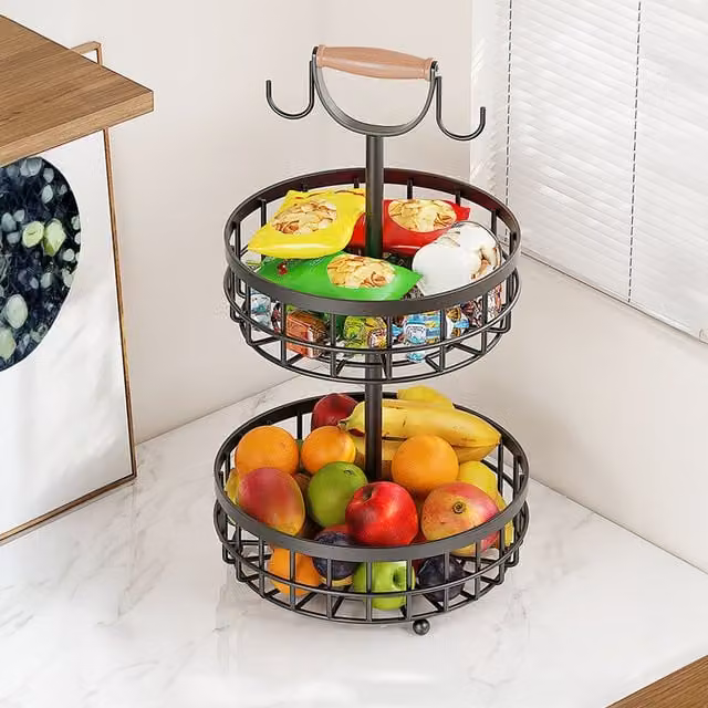 Lifeideas 2-Tier Slatted Metal and Wood Freestanding Storage Basket with Handles, Black