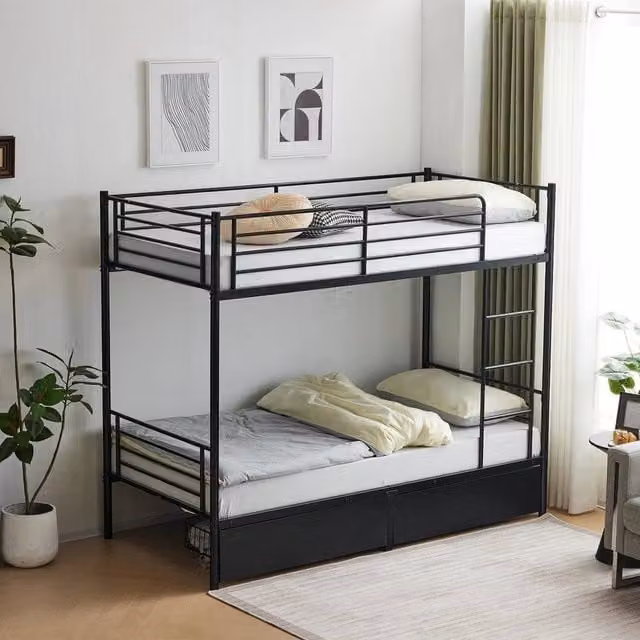 Kelvenix Black Metal Single Bunk Bed with Ladder and Safety Rail, 90 x 190 cm