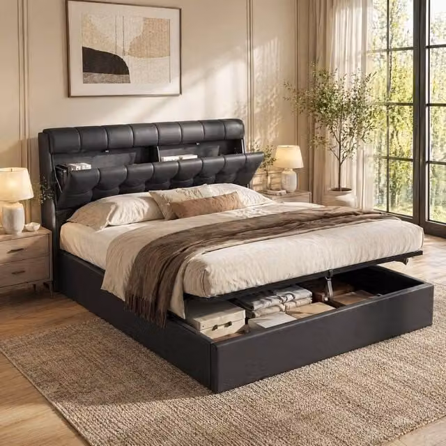 STILVORA Modern Upholstered Double Bed Frame with Hydraulic Lift-Up Storage in Black, W/D/H: 135 x 190 cm