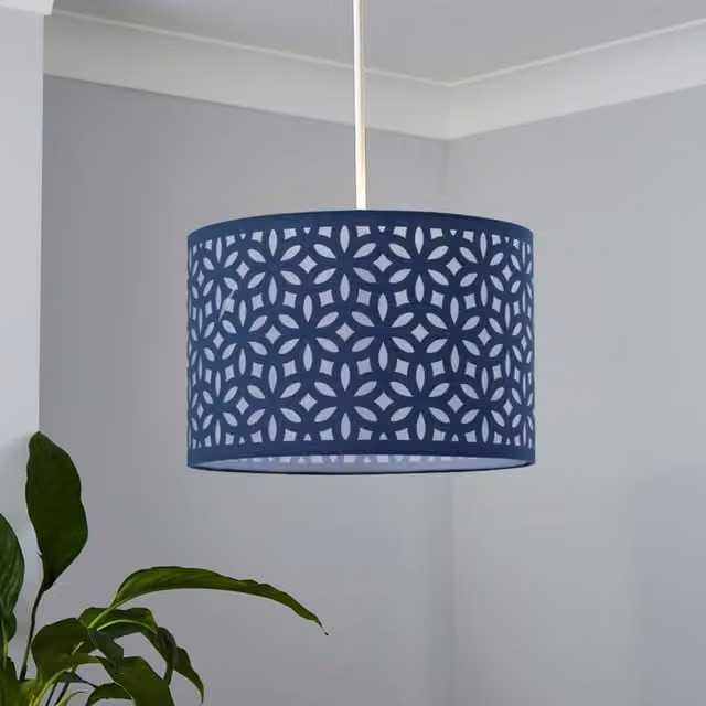 First Choice Lighting Navy Blue Laser Cut Round Fabric Pendant Lightshade, Diameter: 30 cm