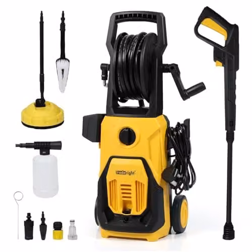 Traderight Yellow High-Pressure Washer with 1800W Motor, 135 Bar Pressure, 480 L/H Flow Rate, Adjustable Nozzle, 11m Hose and Foam Cannon