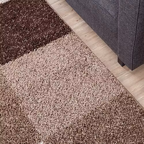 THE RUGS Modern Brown Checked Square Shaggy Area Rug, W/D: 120 x 120 cm – 6