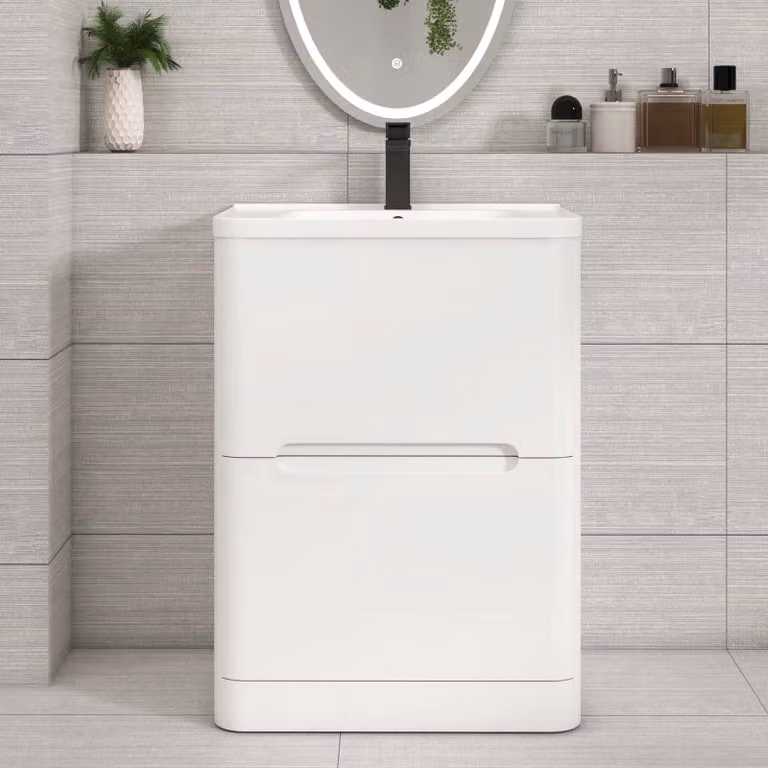 Royal Bathrooms Venice 600mm Gloss White Floor Standing Vanity Unit with 2 Drawers and Ceramic Basin
