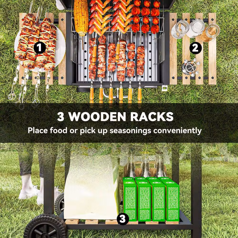 Rolipo Charcoal BBQ Smoker with Warming Rack, Thermometer and Wheels, Black, W/D/H: 112 x 58 x 107 cm – 8