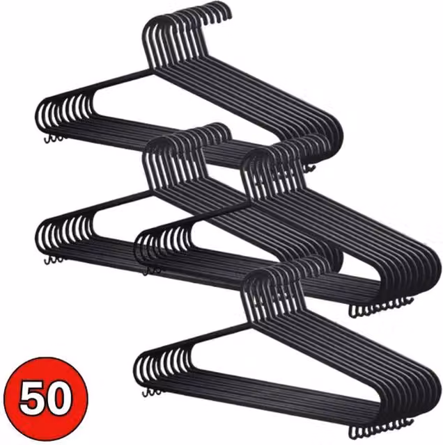 VOGREX 50-Piece Black Slim Plastic Clothes Hangers with Trouser Bar