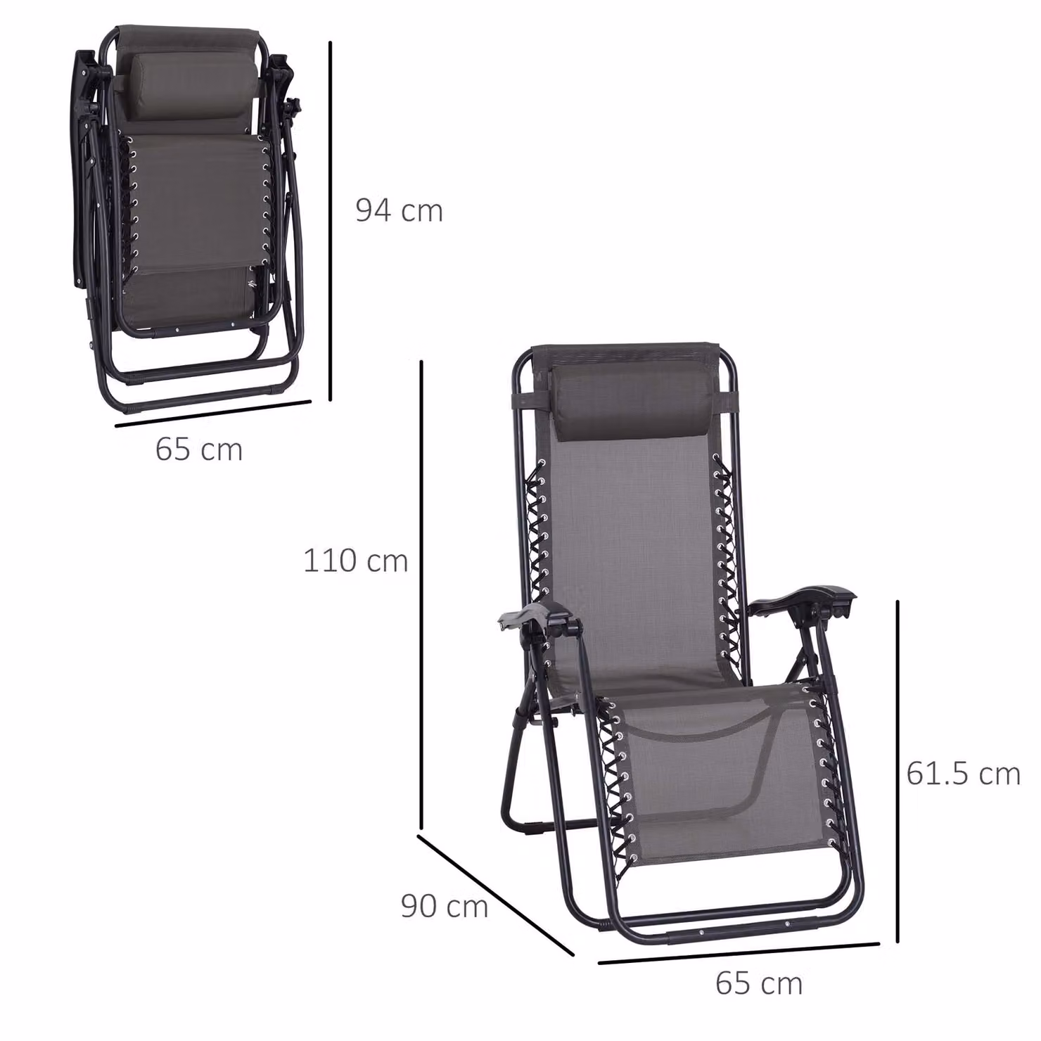Outsunny Set of 2 Grey Zero Gravity Sun Loungers with Metal Frame and Adjustable Headrest – 3
