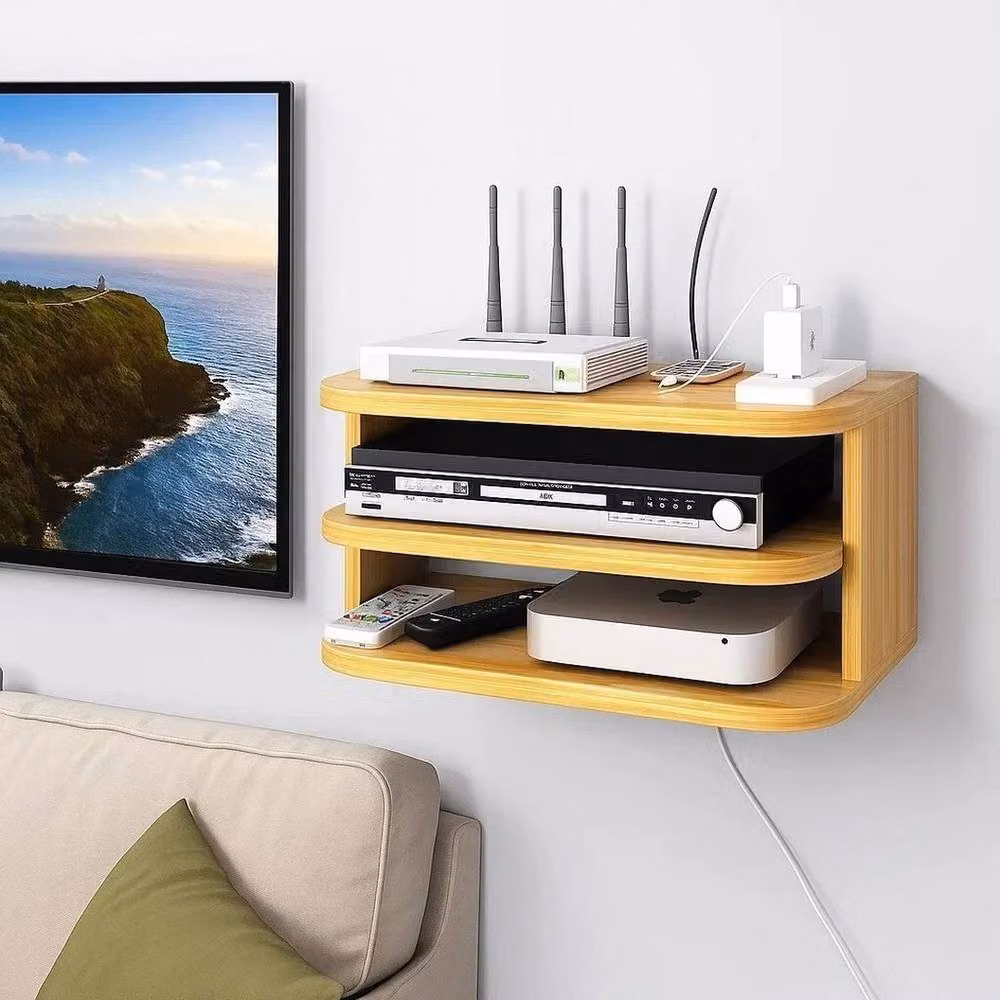 SPETLEK Floating Wall Mount Media Shelf in Natural Wood Brown and Sand – 5