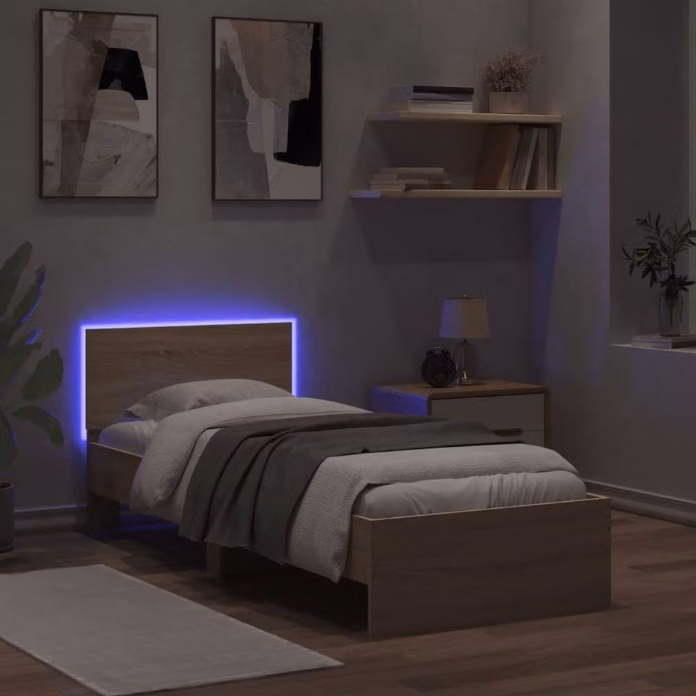 Berkfield Home Sonoma Oak Bed Frame with LED Lights and USB Charging Port, Light Brown, W: 90 cm, D: 200 cm – 2