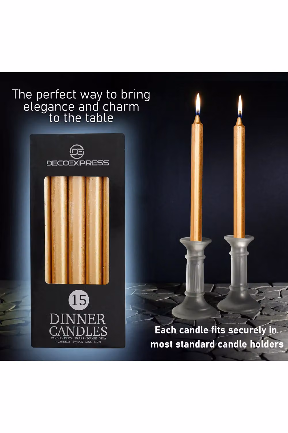 Deco Express Set of 15 Unscented Tapered Candles in Gold – 8