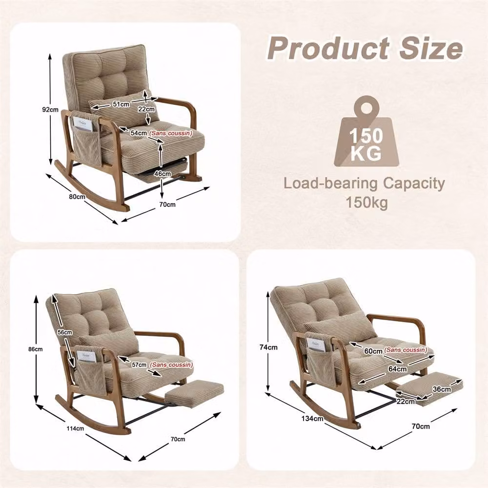 Direct Wicker Corduroy Upholstered Rocker Glider Chair with Footrest and Side Pocket in Medium Beige – 2