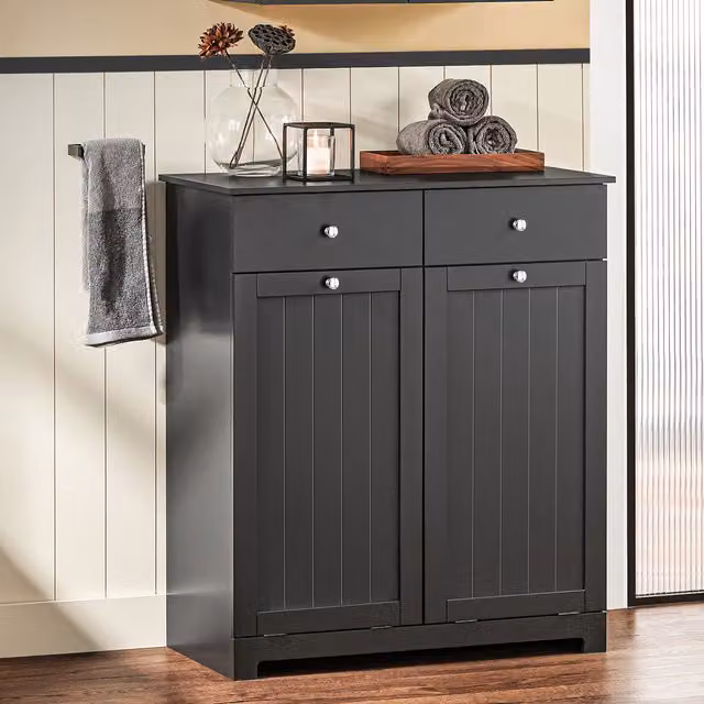 Sobuy Modern Black Laundry Cabinet with 2 Removable Baskets and Hinged Doors