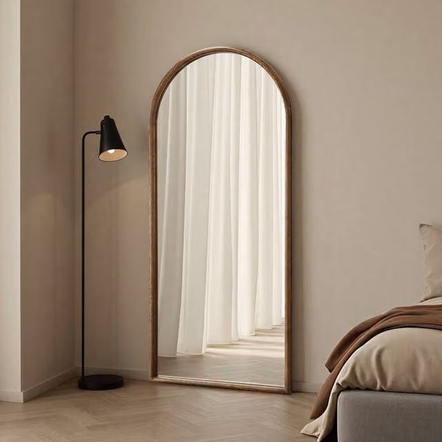Yearn Arched Solid Oak Full Length Wall Mirror in Brown