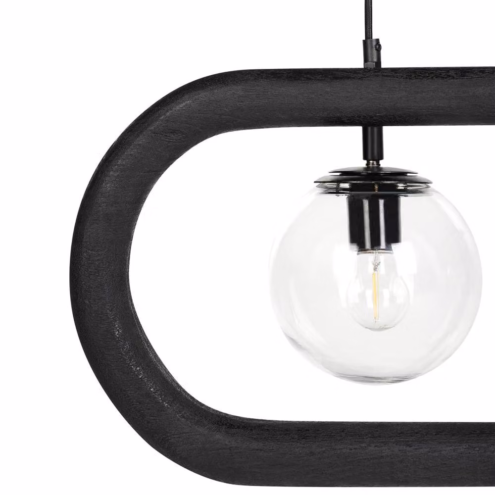 Wyld and Coco Boho-Industrial Black and Wood Suspended Pendant Lamp with Glass – 4