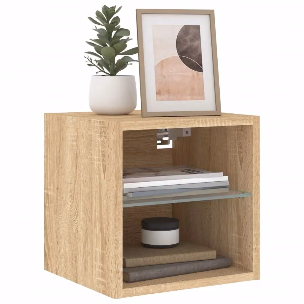 Berkfield Home Set of 2 Modern Wall-Mounted TV Cabinets with Integrated LED Lighting and Glass Doors in Sonoma Oak Brown, W/D/H: 30 x 28.5 x 30 cm – 4