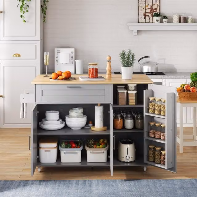 Aosom UK Grey Multifunctional Kitchen Island with Foldable Worktop and Adjustable Shelves, W: 132.5 cm, D: 44 cm, H: 90 cm