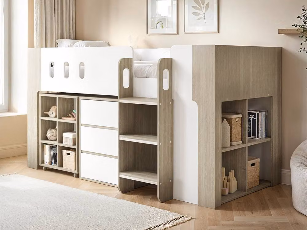 Flair Willow Mid Sleeper Bed with Desk and Drawers in White and Oak – 2