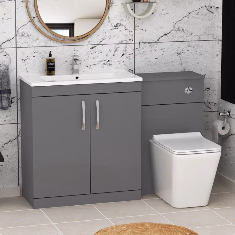 Royal Bathrooms Indigo Grey Gloss 2 Door Vanity Unit with Minimalist Basin and Slim Elena Back to Wall Toilet, W: 130 cm