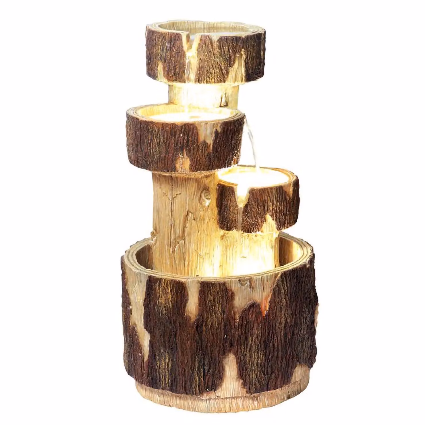 Primrose Log Cascading 3 Tier Water Feature with Lights in Natural Brown, Height: 75 cm – 3