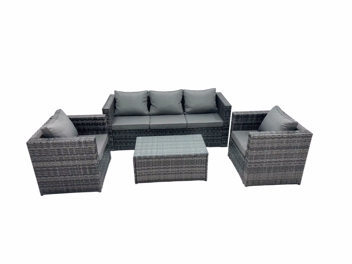 Fimous Modern Rattan Outdoor Garden Furniture Set in Grey with 3-Seater Sofa, 2 Armchairs, Coffee Table and Weather-Resistant Cushions – 3