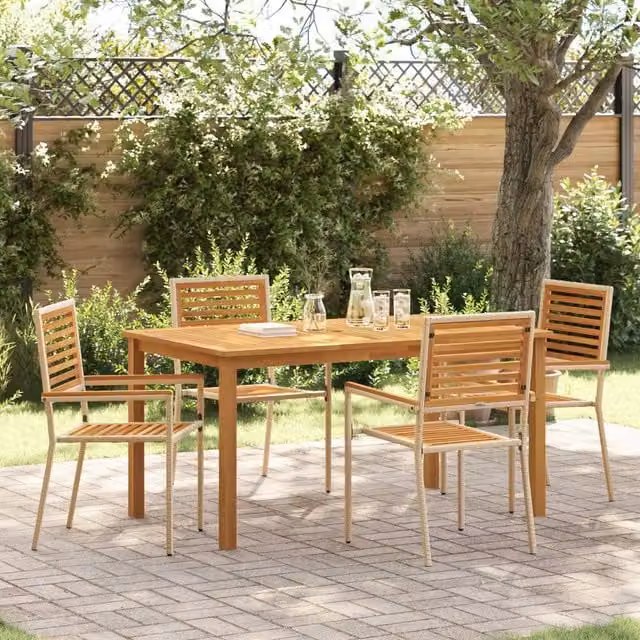 Berkfield Home 5 Piece Beige Poly Rattan and Acacia Wood Garden Dining Set – 1