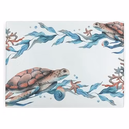 Purely Home Sea Turtle Rectangular Glass Worktop Protector with Non-Slip Feet, Multicolour, W: 39 cm, D: 28.5 cm