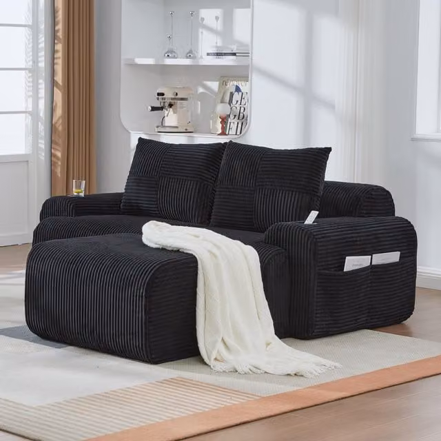 Aosom UK Modular 2-Seater L-Shape Sofa in Black Corduroy with Foam-Filled Plush Seats and Built-In Cup Holder, W/D/H: 174 x 200 x 80 cm – 1