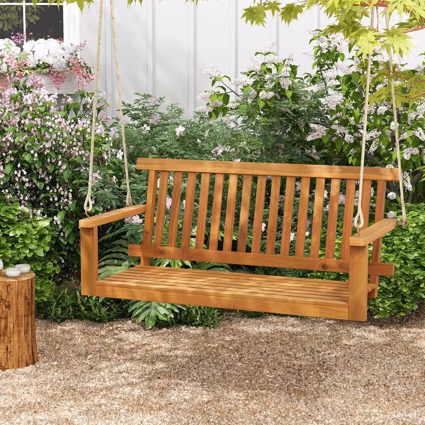 Costway Acacia Wood 2-Person Outdoor Porch Swing Hanging Chair with Backrest and Armrests in Natural Brown – 3