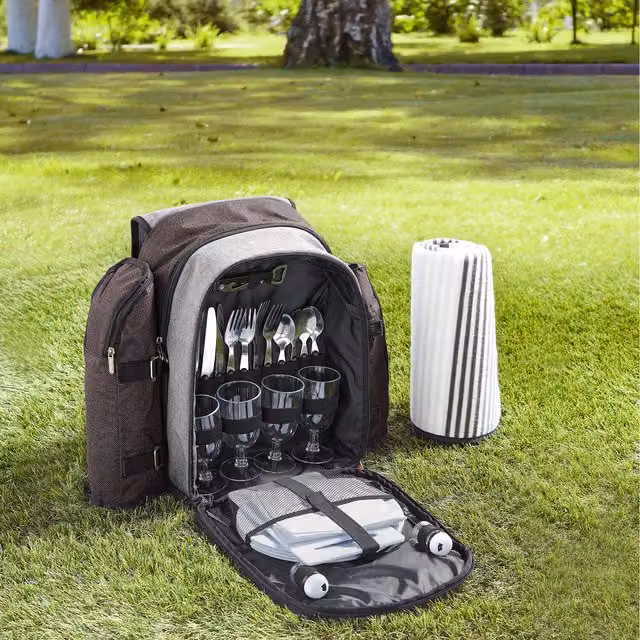 VonShef 4 Person Picnic Backpack with Blanket in Grey
