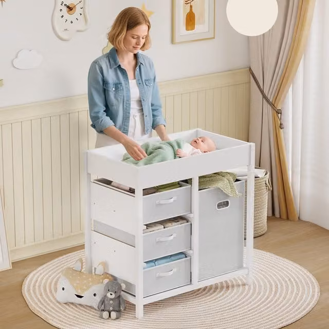 AIYAPLAY Modern Baby Changing Unit in White with 4 Storage Drawers and Removable Changing Mat