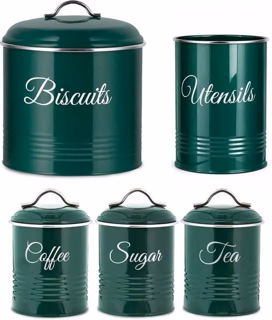 SPETLEK 5 Piece Green Metal Airtight Canister Set for Tea, Coffee and Biscuits