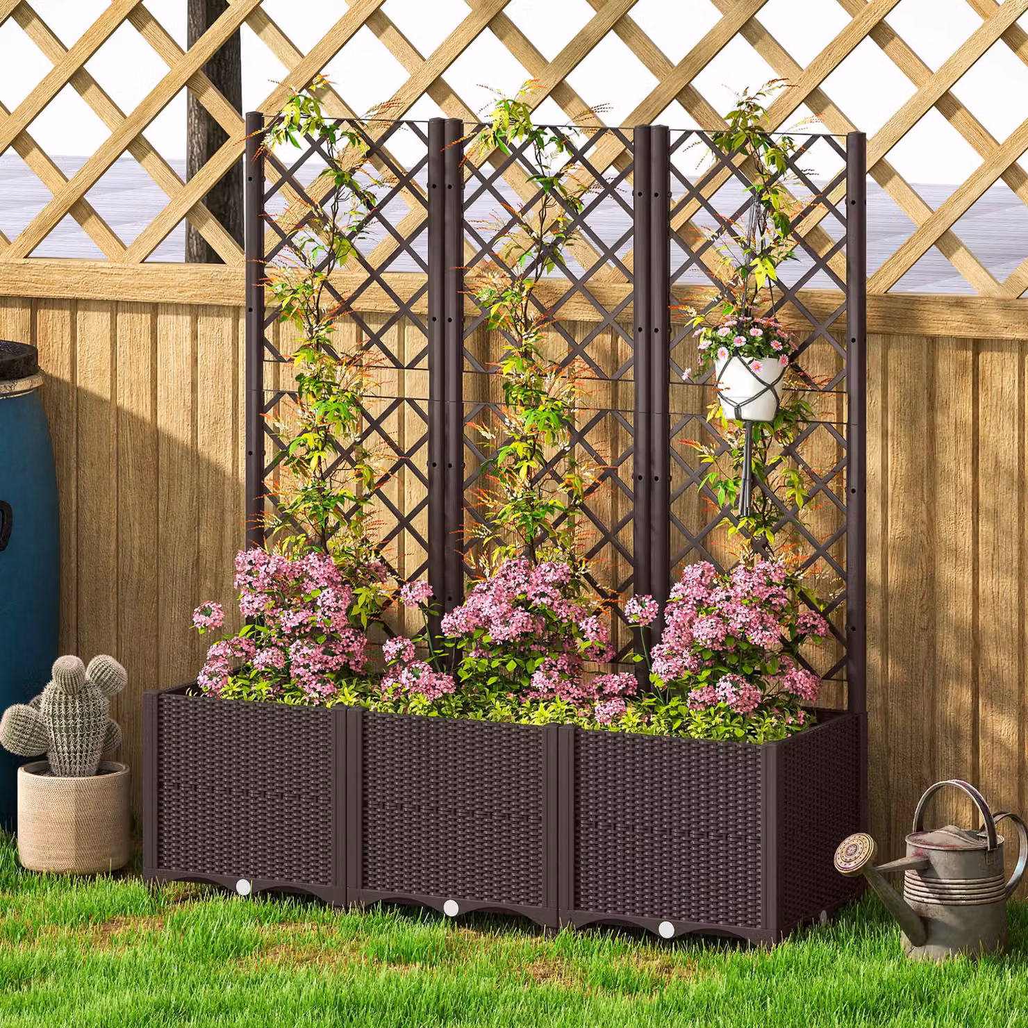 Outsunny Brown Plastic Raised Garden Bed with Trellis and Drainage Holes for Climbing Plants, Vegetables and Flowers, W: 140 cm, D: 120 cm, H: 40 cm – 6