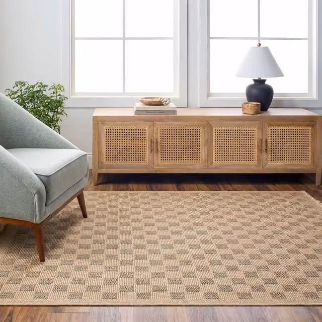 Livabliss Mirage-Cottage Checkerboard Jute-Look Indoor and Outdoor Rug with Fringes, Black, Beige and Brown, W: 80 cm, L: 220 cm