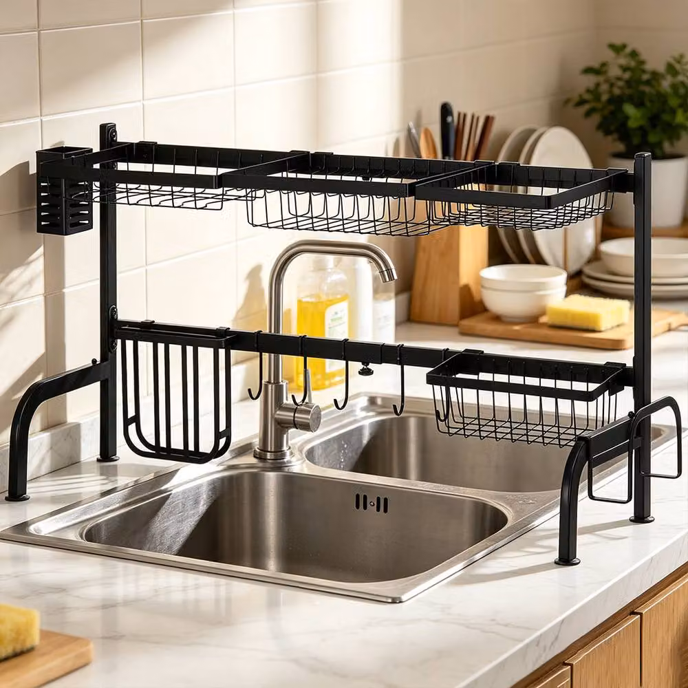 ERGOVEXA 2 Tier Adjustable Over the Sink Dish Drainer with Cutlery Holder, Black – 4