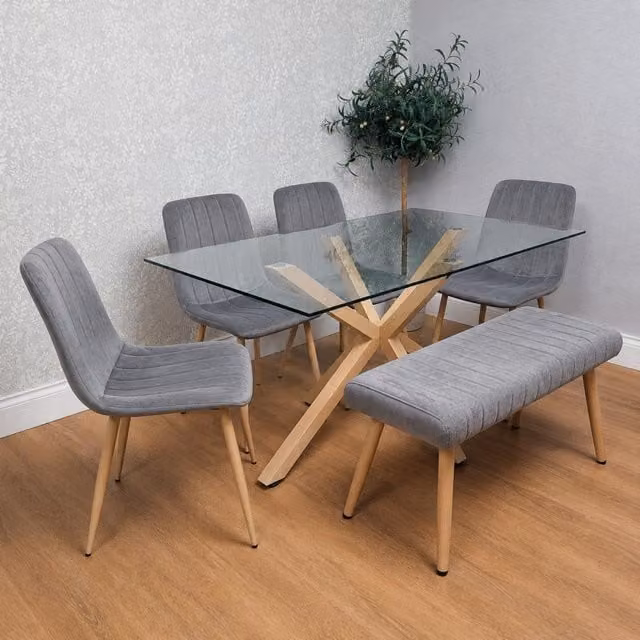 Kosy Koala 6 Seater Rectangular Glass Dining Set with 4 Grey Chairs and Bench