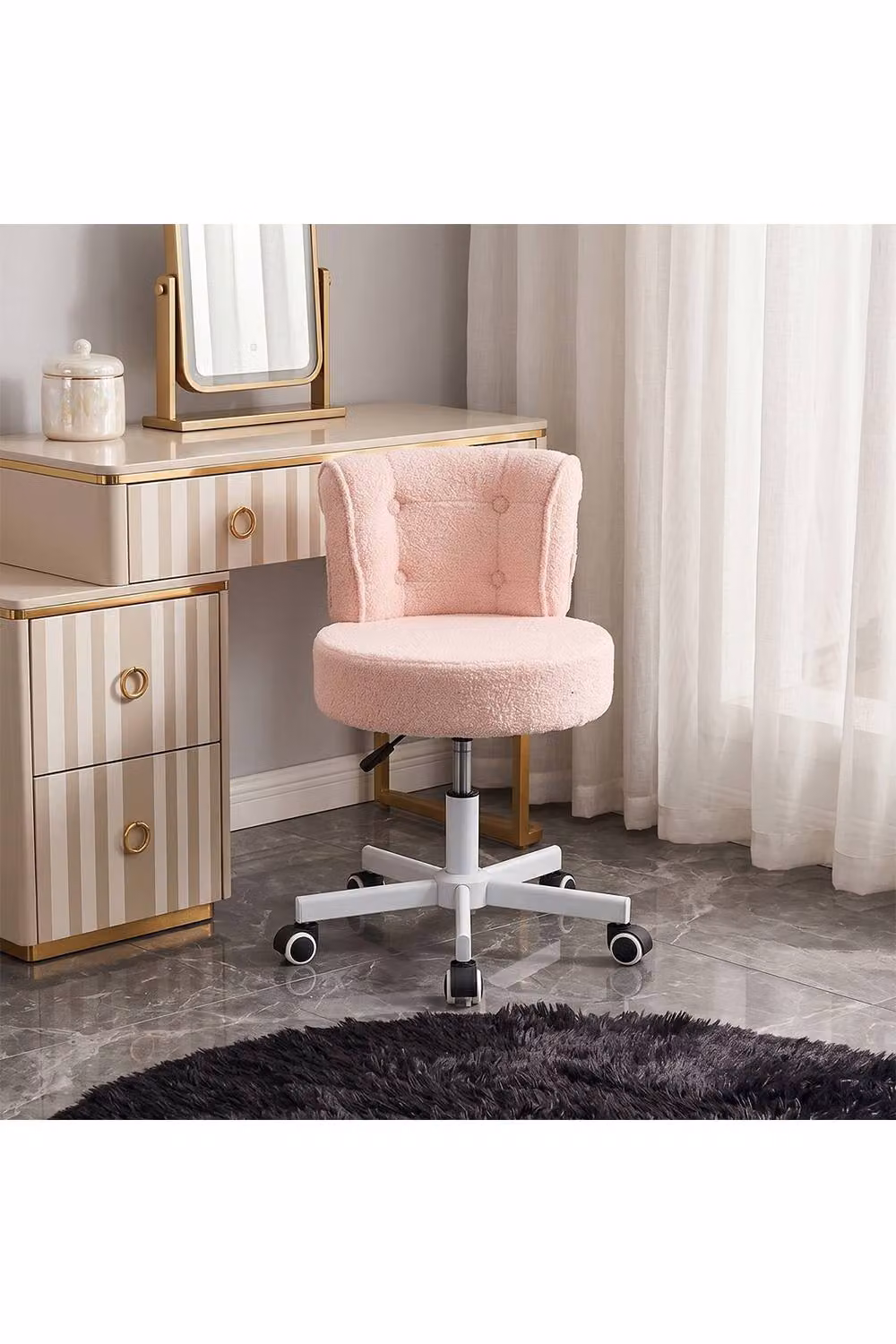 Living and Home Pink Bouclé Fabric Height-Adjustable Swivel Vanity Chair with Castors – 2