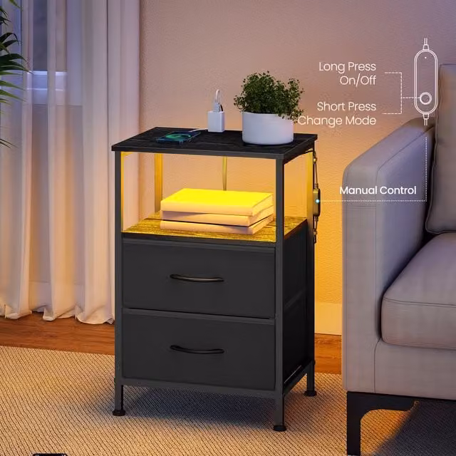 SONGMICS Set of 2 Modern Black Bedside Tables with App-Controlled Adjustable LED Lighting