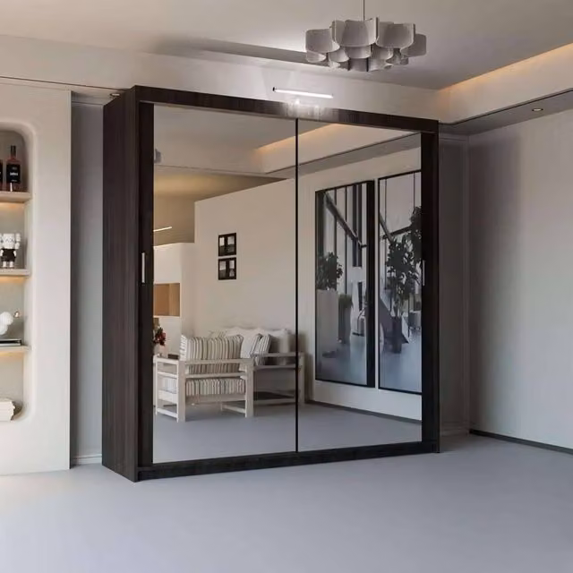 Sliding Wardrobes 4U Modern Mirror Sliding Wardrobe with Integrated LED Light, Dark Brown, W: 120 cm, H: 217 cm