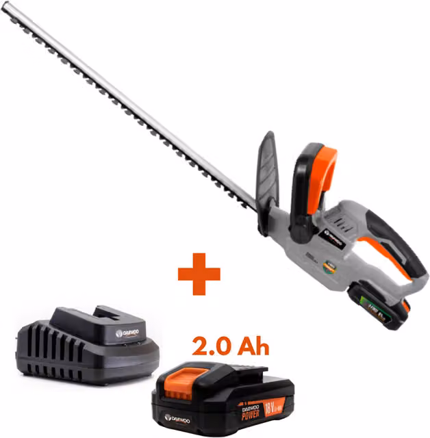 Daewoo U-FORCE Series Cordless Reciprocating Hedge Trimmer with 2.0Ah Rechargeable Battery and Charger in Black, Silver and Orange