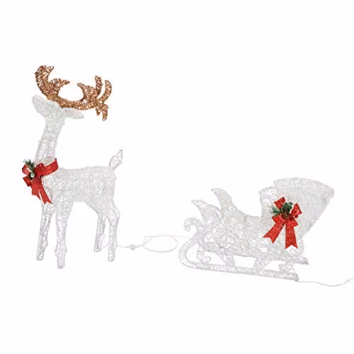Lights4fun Harewood Reindeer and Sleigh Light Up Christmas Figure in White, Red and Gold, Height: 70 cm – 2
