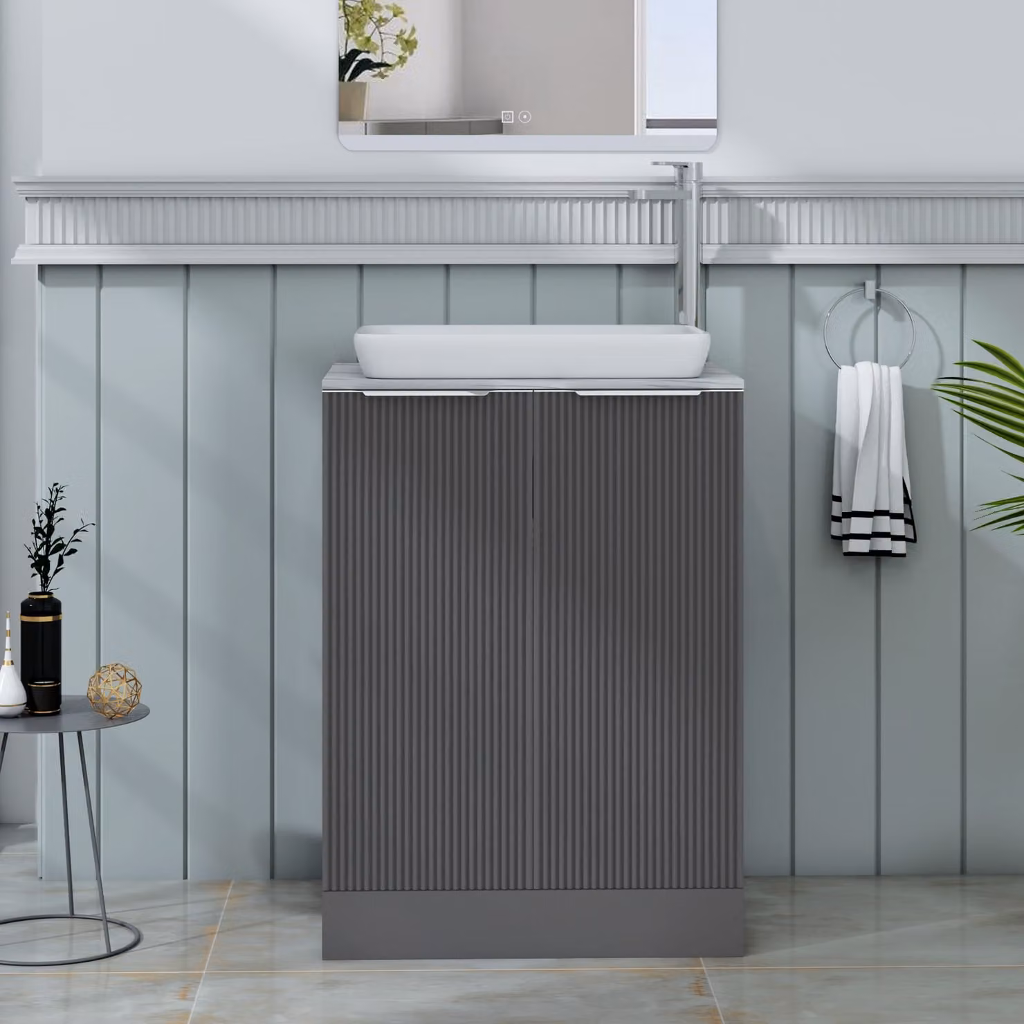 Royal Bathrooms Evora 600mm Graphite Grey Fluted Floor Standing Countertop Vanity Unit with Qubix Basin and 2 Soft Close Doors