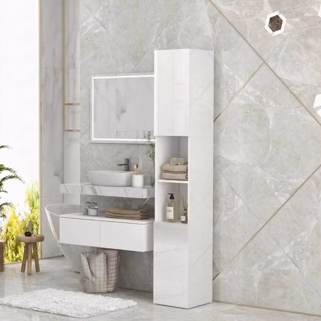 STILVORA Modern Glossy White Freestanding Bathroom Cabinet with LED Lighting and Adjustable Shelves H 181.5 x W 30.0 cm