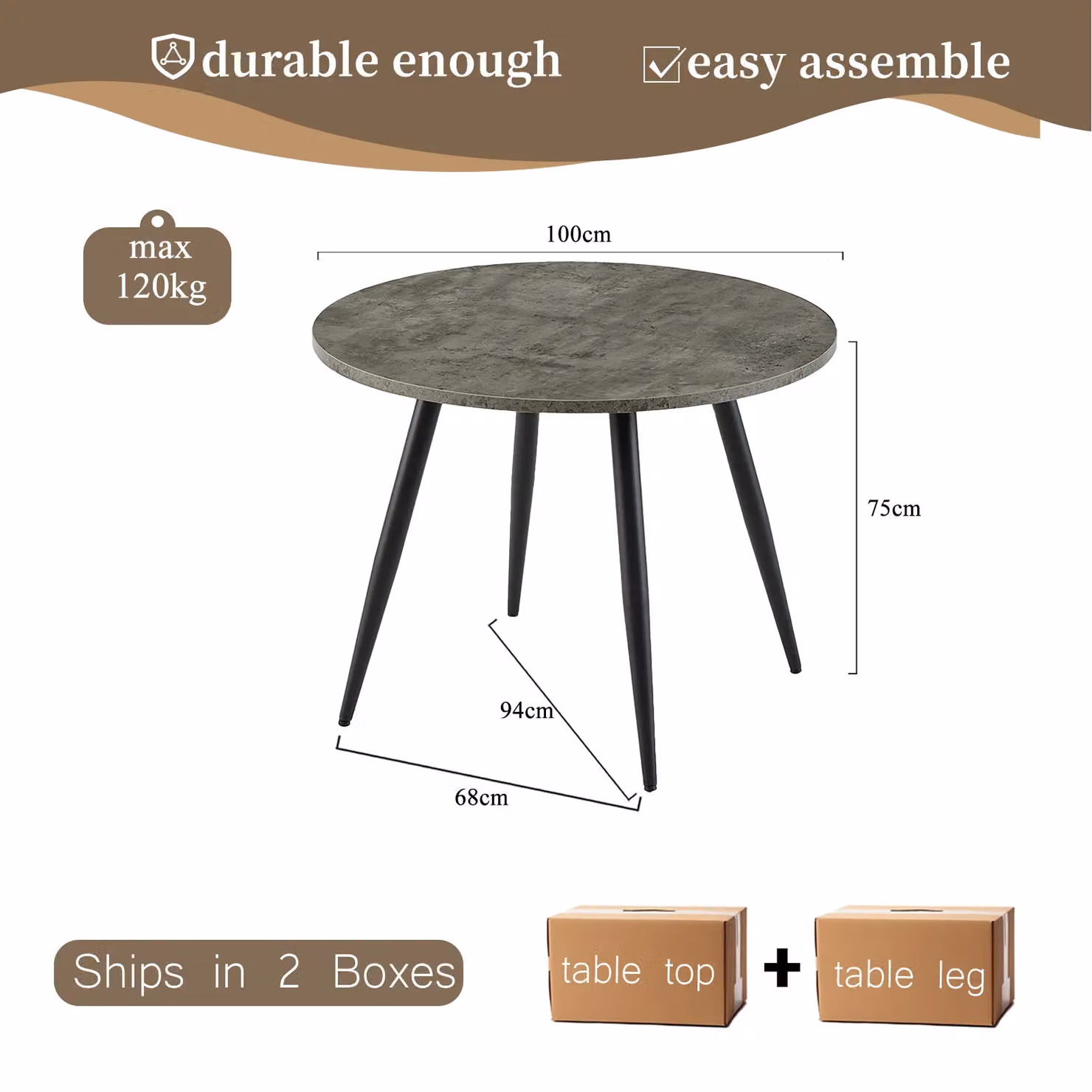 SONARA Round Dining Table with Grey Marble Top and Metal Legs, Diameter: 100 cm – 2
