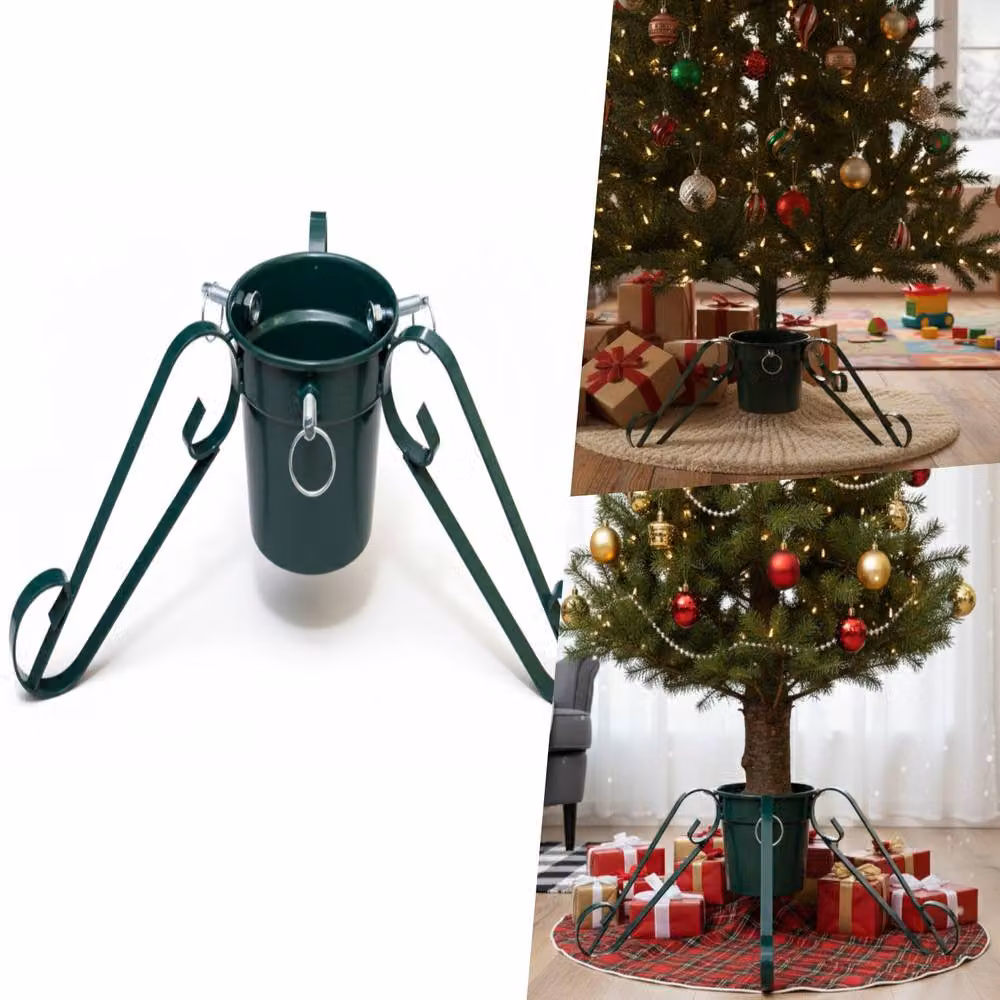 Pegdev Traditional Green Metal Christmas Tree Stand with 3 Legs and 3 Screw Clamps for Trees up to 2.8m – 4