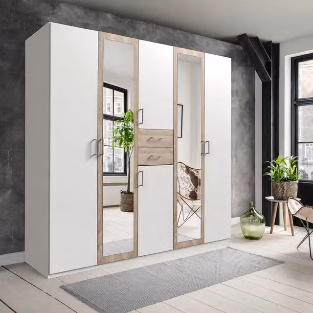 KDMD Diver Matt White and Oak 5 Door Wardrobe with Mirror and Hanging Rod, Width: 225 cm