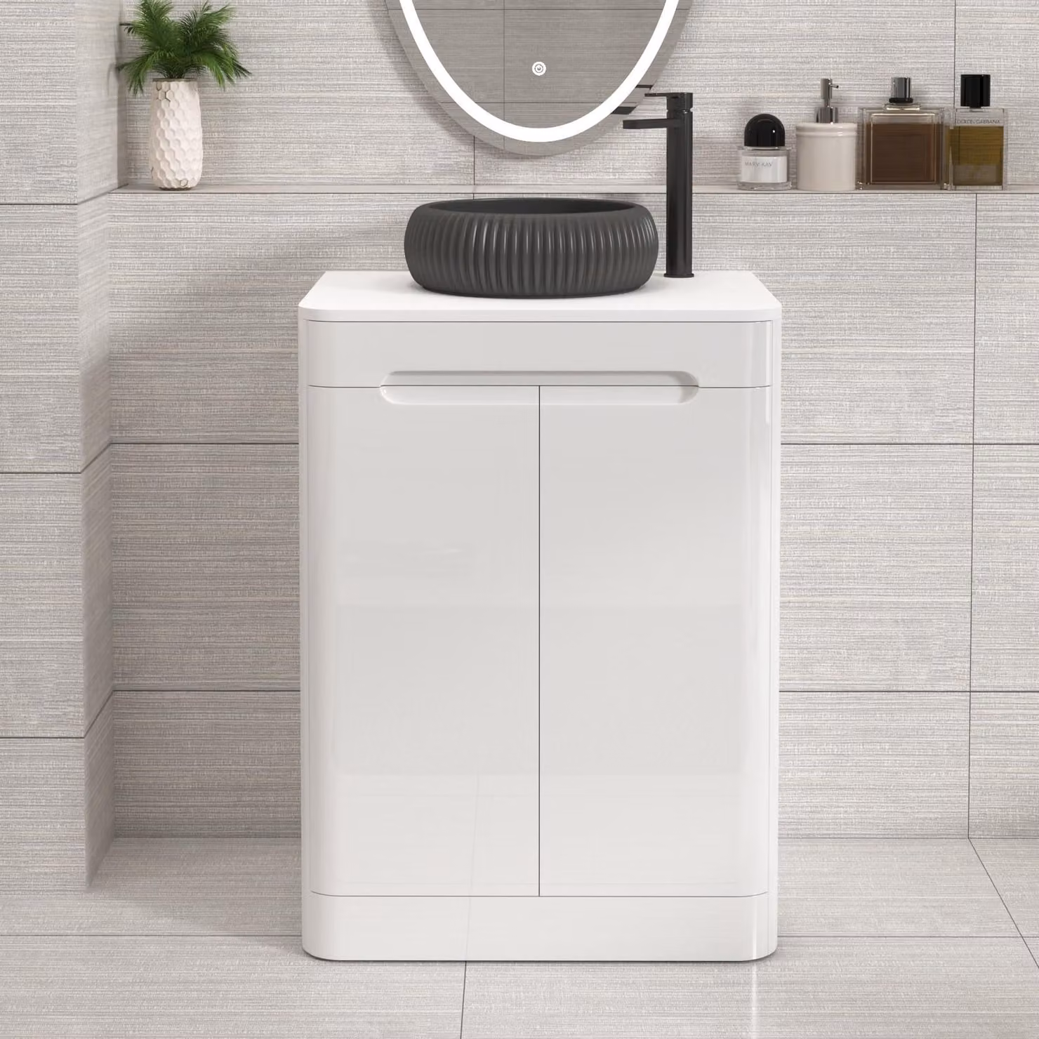 Royal Bathrooms Venice 600mm Gloss White Floor Standing 2 Door Vanity Unit with Plain White Worktop and Milan Black Basin