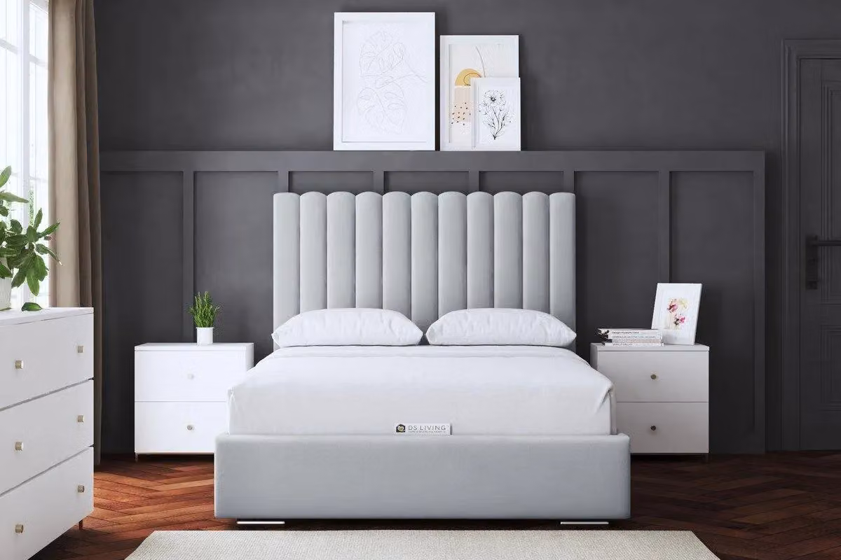 DS Living Evangaline Silver Panel Ottoman Bed with Headboard, W: 150 cm, D: 210 cm – 2
