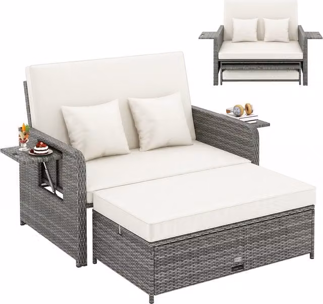 COSTWAY 2 Piece Modern White Rattan and Metal Garden Furniture Set